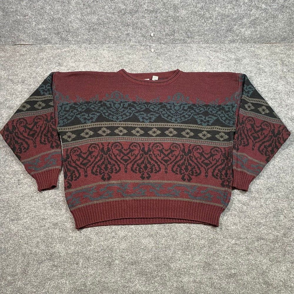 Vintage South Mountain Mens 3X Burgundy Jacquard Knit Crewneck Sweater 90s